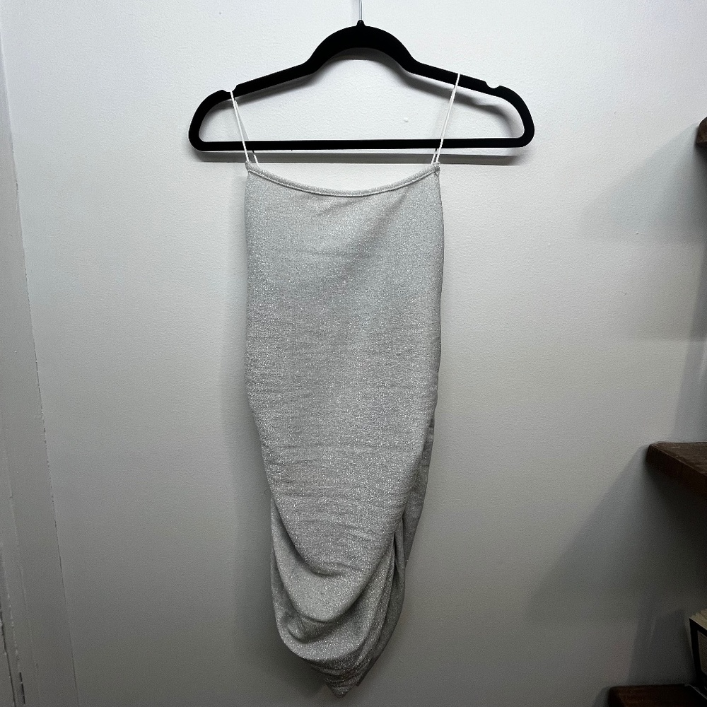 Shiny Silver Mini Dress with Ruched Sides